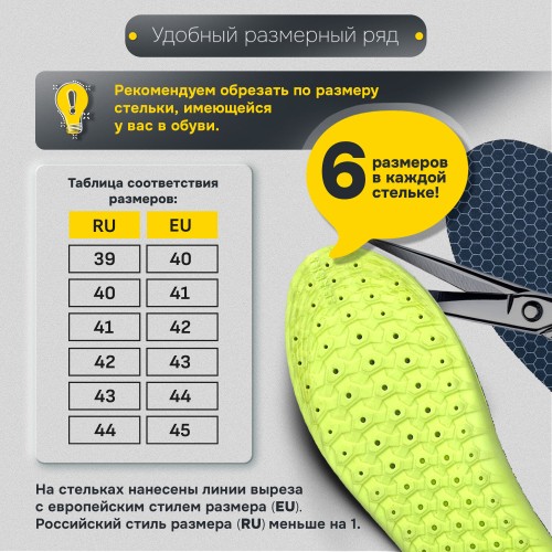 Стельки для обуви анатомические с массажным эффектом, материал PU PRO, размер RU 39-44 / EU 40-45, с линиями выреза, SHEGRA (ШЕГРА), 700741